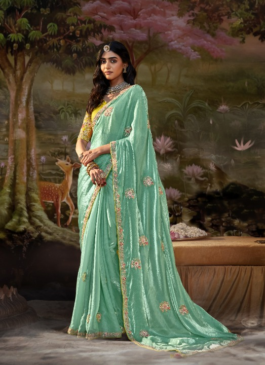 Ocean Green Tissue Silk Saree With Embroidered Designer Blouse