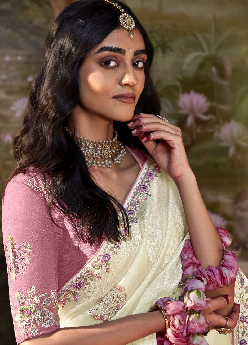 Ivory White Tissue Silk Saree With Embroidered Designer Blouse