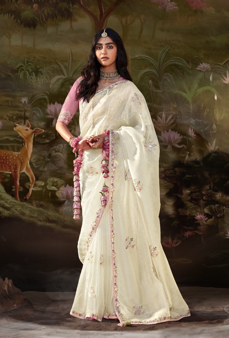 Ivory White Tissue Silk Saree With Embroidered Designer Blouse