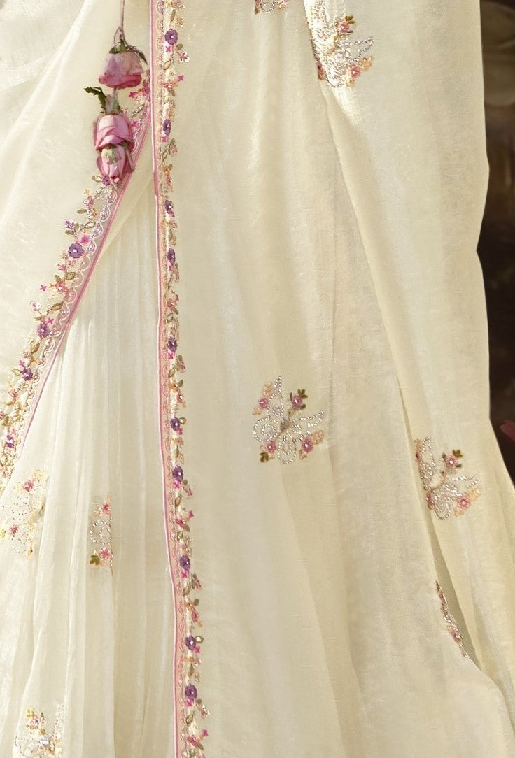 Ivory White Tissue Silk Saree With Embroidered Designer Blouse