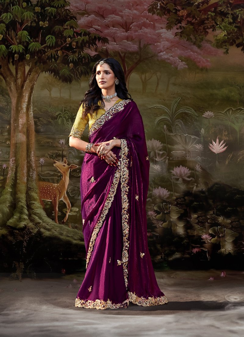 Deep Wine Tissue Silk Saree With Embroidered Designer Blouse