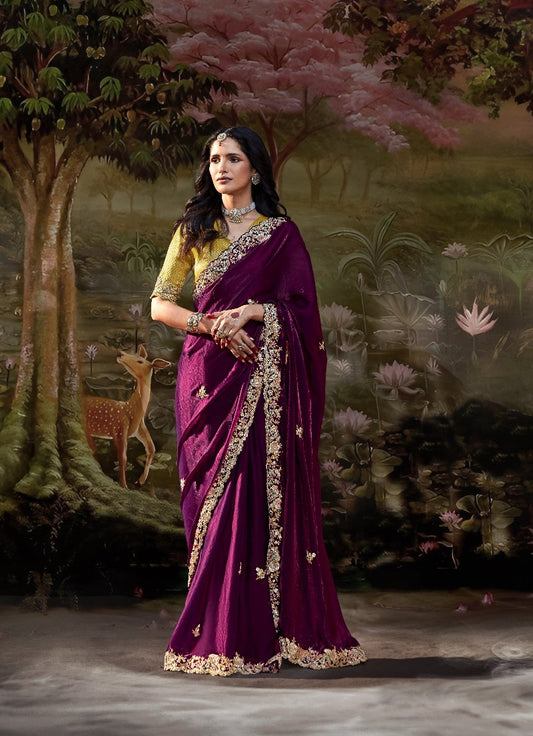 Deep Wine Tissue Silk Saree With Embroidered Designer Blouse