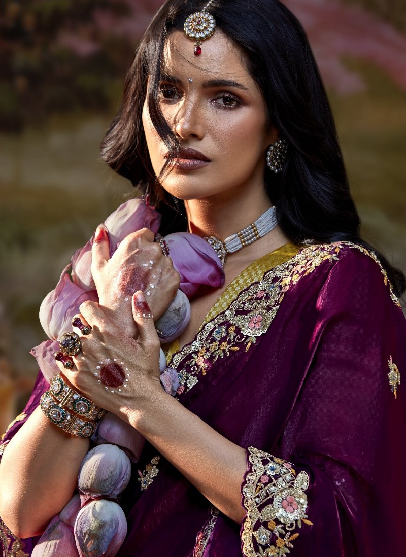 Deep Wine Tissue Silk Saree With Embroidered Designer Blouse