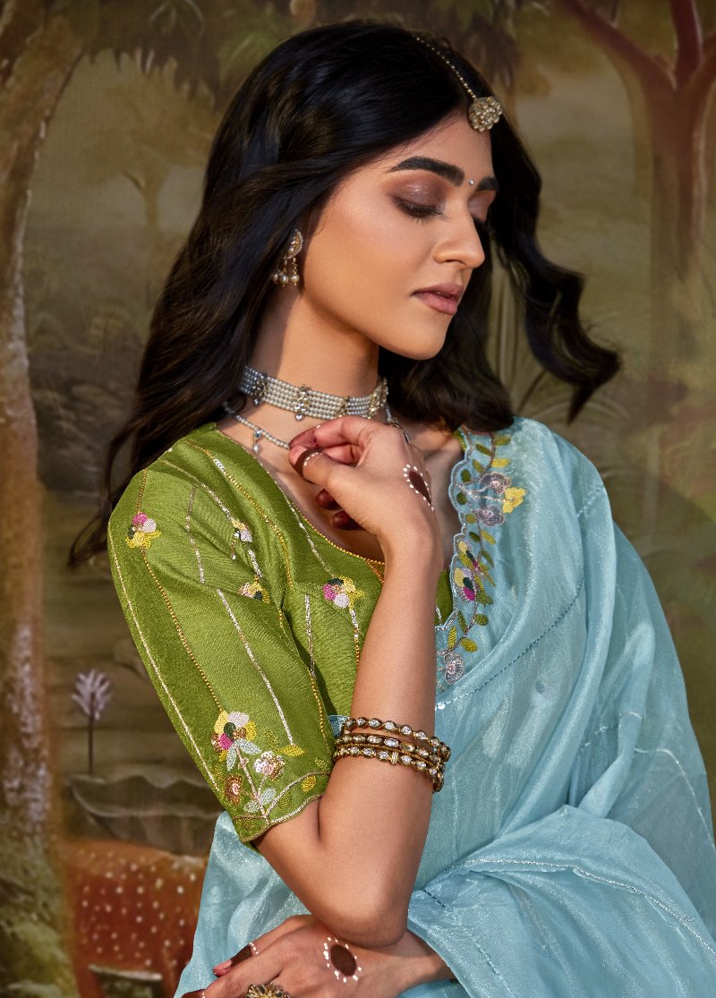 Sky Blue Tissue Silk Saree With Embroidered Designer Blouse