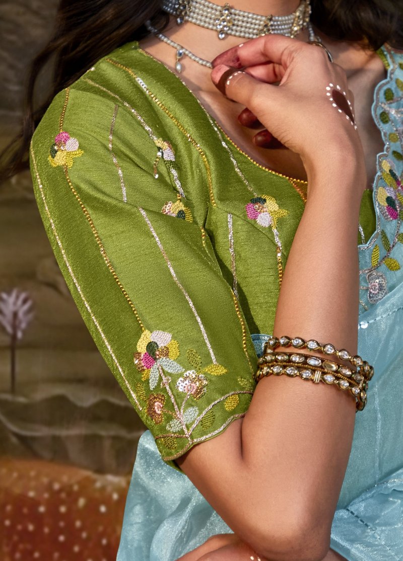 Sky Blue Tissue Silk Saree With Embroidered Designer Blouse