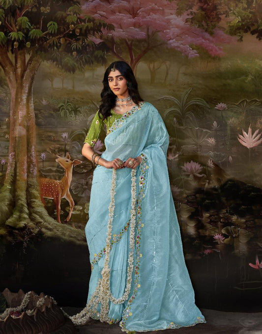Sky Blue Tissue Silk Saree With Embroidered Designer Blouse