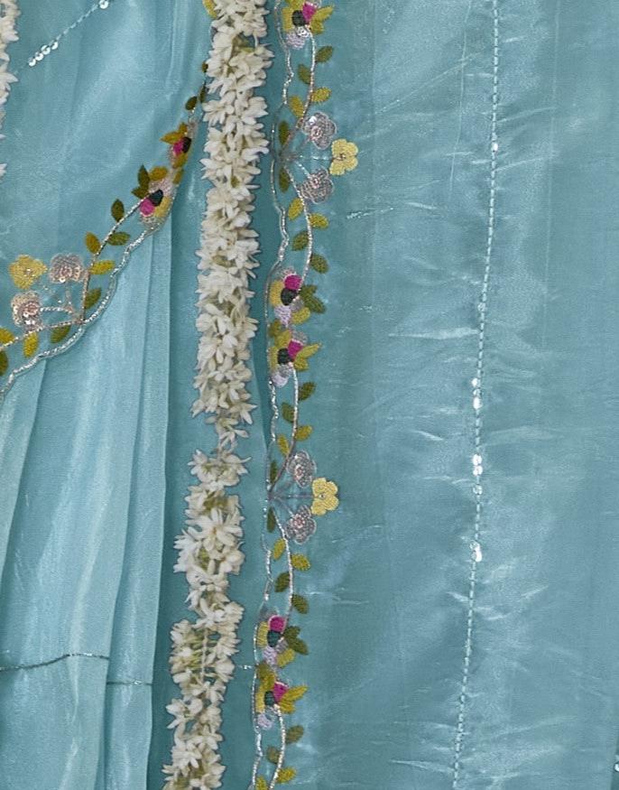 Sky Blue Tissue Silk Saree With Embroidered Designer Blouse