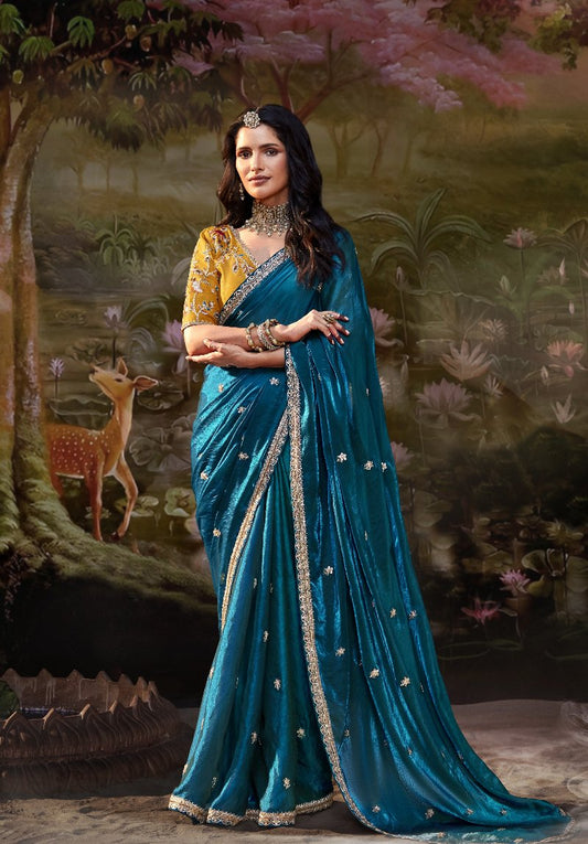 Peacock Blue Tissue Silk Saree With Embroidered Designer Blouse