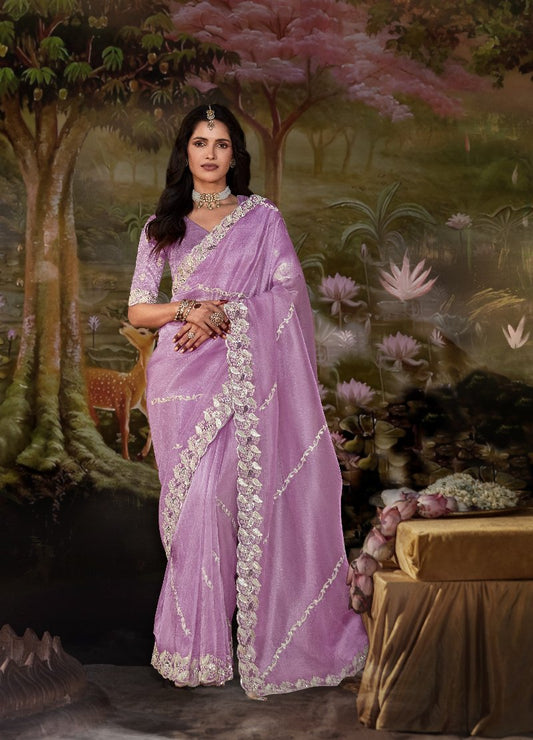 Light Purple Tissue Silk Saree With Embroidered Designer Blouse