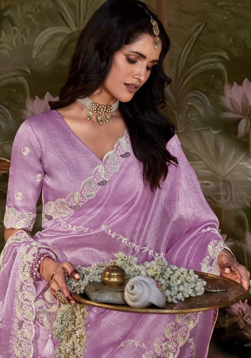 Light Purple Tissue Silk Saree With Embroidered Designer Blouse