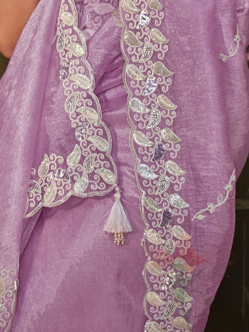 Light Purple Tissue Silk Saree With Embroidered Designer Blouse