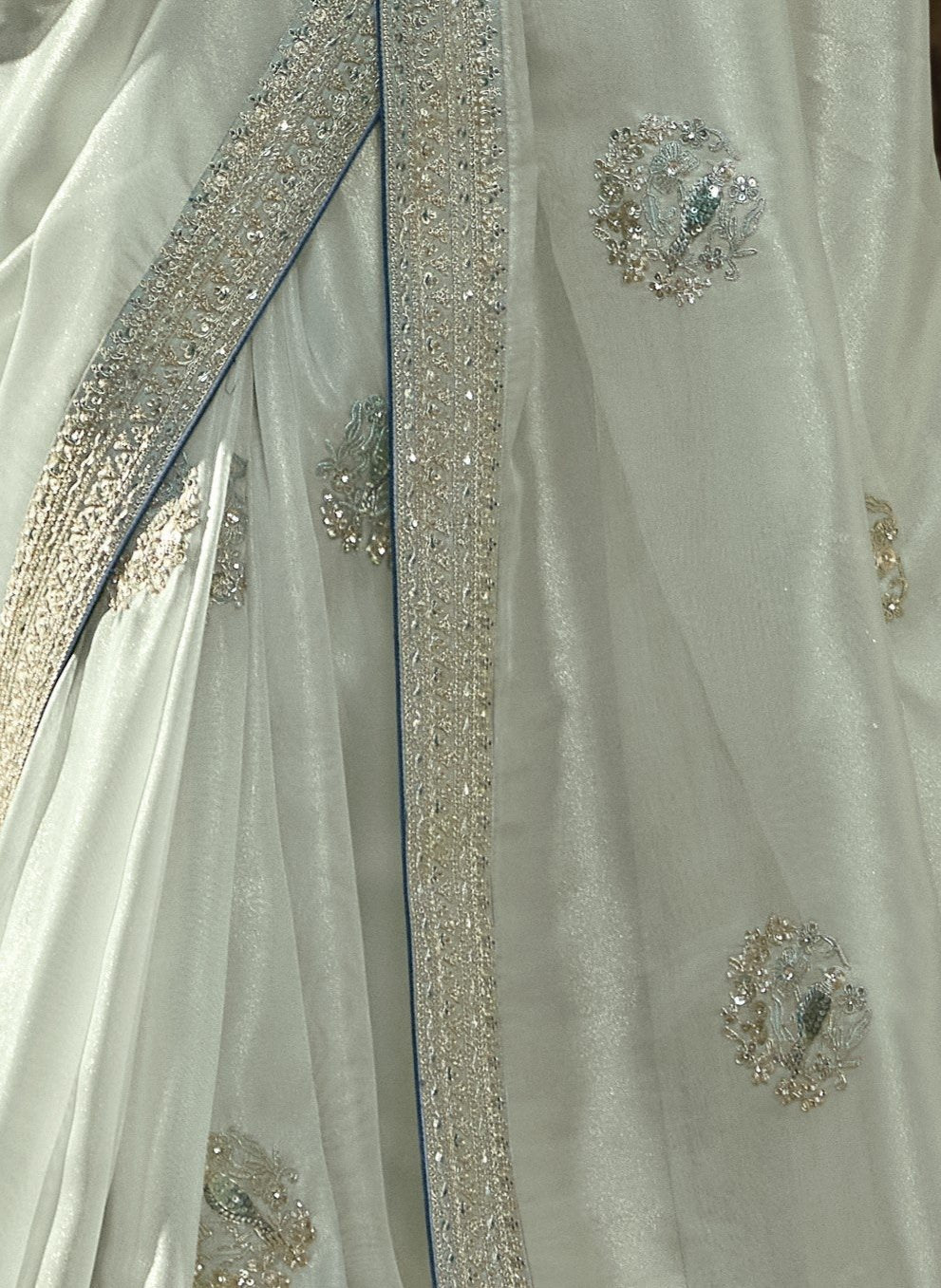 Pastel Mint Green Tissue Silk Saree With Embroidered Designer Blouse