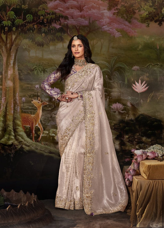 Pastel Mauve Tissue Silk Saree With Embroidered Designer Blouse