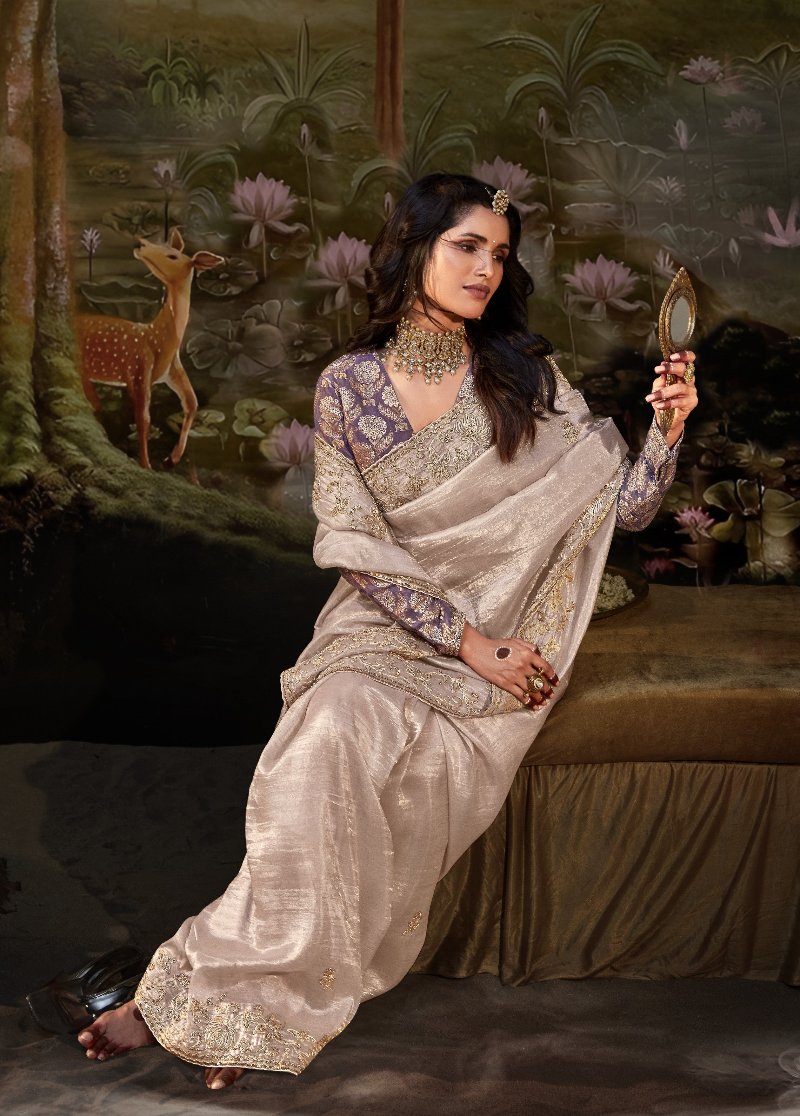 Pastel Mauve Tissue Silk Saree With Embroidered Designer Blouse