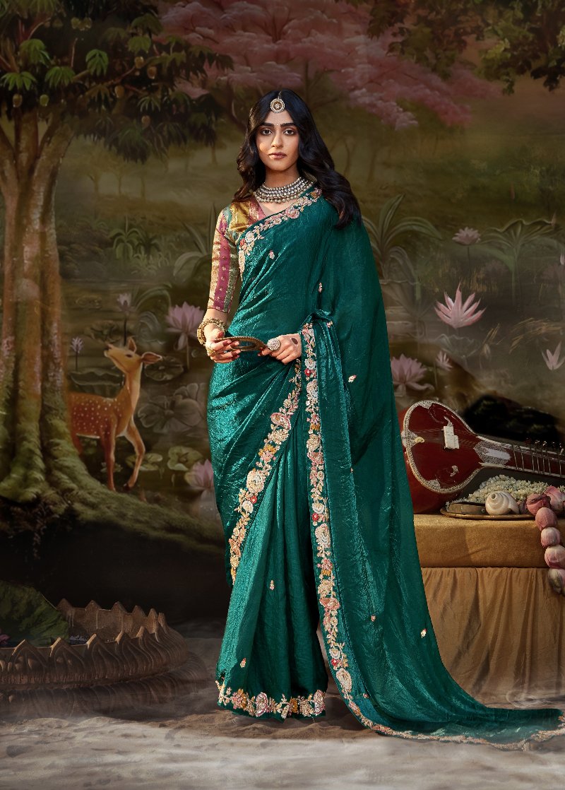 Forest Green Tissue Silk Saree With Embroidered Designer Blouse