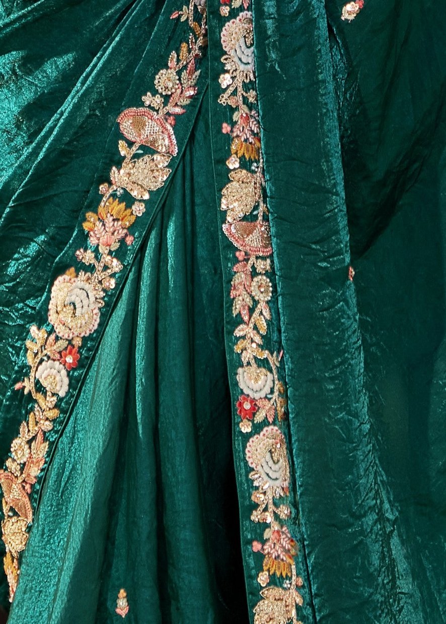 Forest Green Tissue Silk Saree With Embroidered Designer Blouse