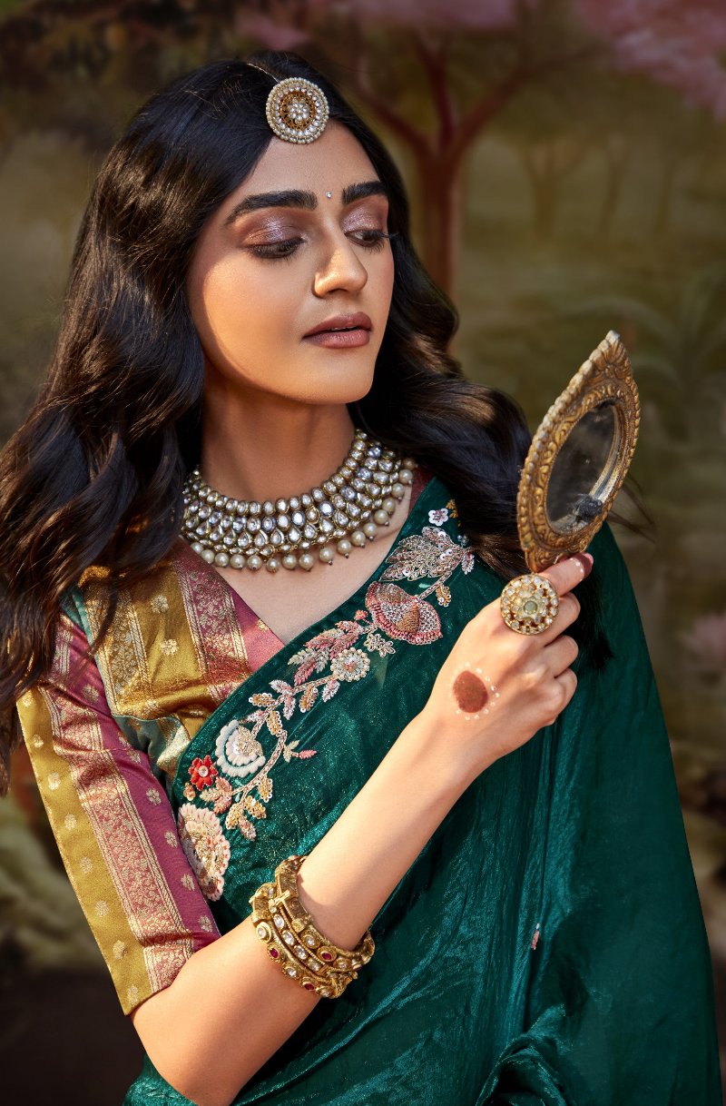 Forest Green Tissue Silk Saree With Embroidered Designer Blouse