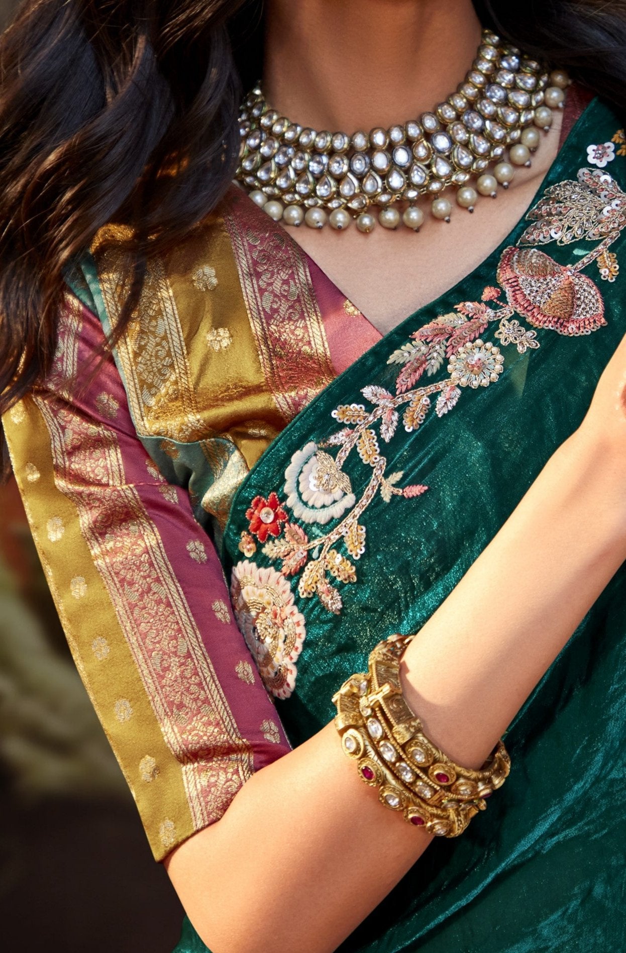Forest Green Tissue Silk Saree With Embroidered Designer Blouse