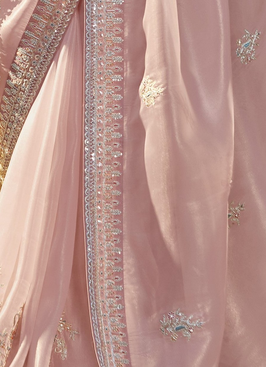 Pastel Pink Tissue Silk Saree With Embroidered Designer Blouse