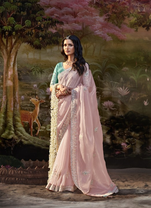 Pastel Pink Tissue Silk Saree With Embroidered Designer Blouse