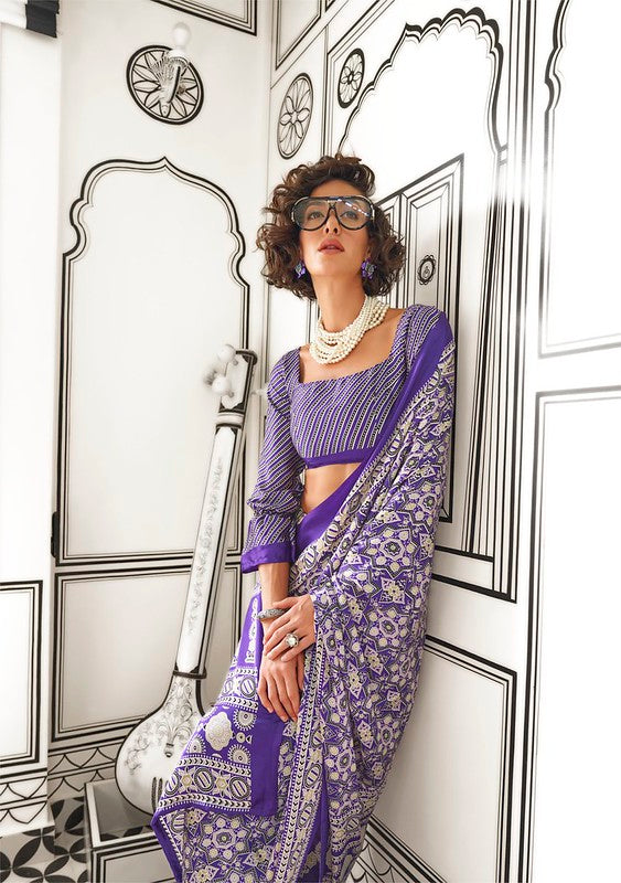 STORI Purple Ajrakh Printed Satin Crepe Saree