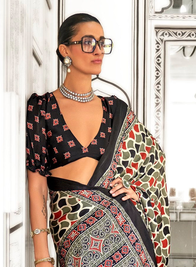 Tessellate Ajrakh Printed Satin Crepe Saree