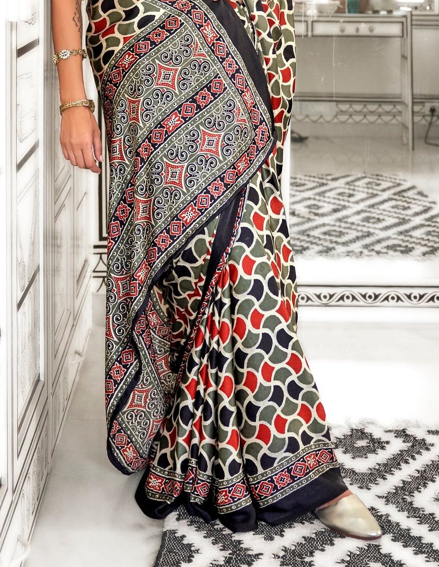 Tessellate Ajrakh Printed Satin Crepe Saree