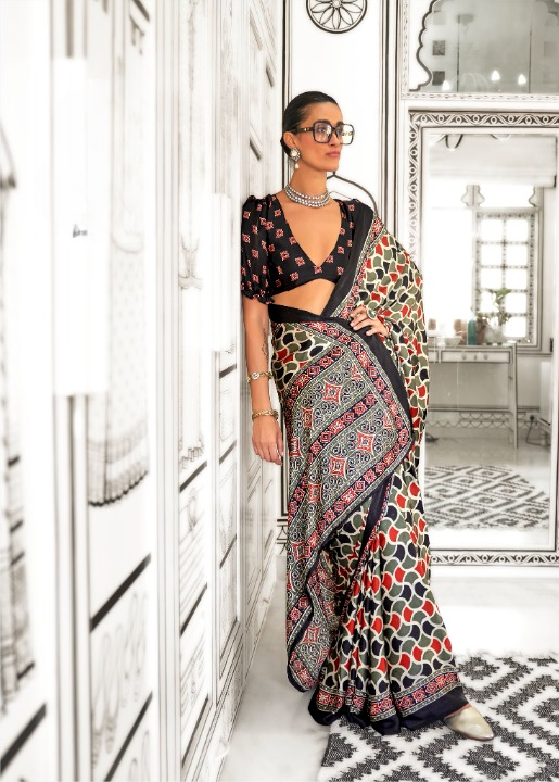 Tessellate Ajrakh Printed Satin Crepe Saree