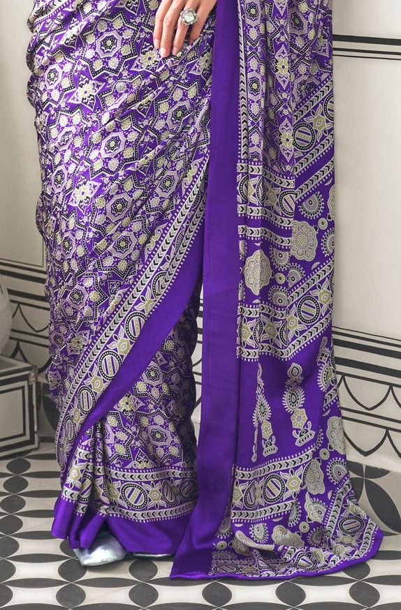 STORI Purple Ajrakh Printed Satin Crepe Saree