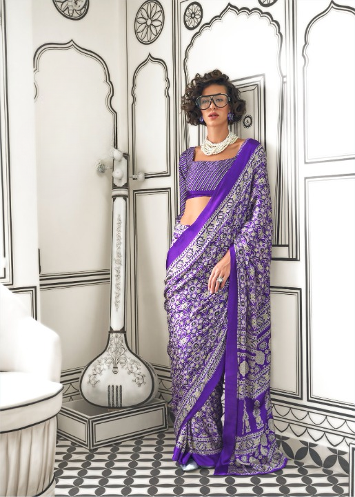 STORI Purple Ajrakh Printed Satin Crepe Saree