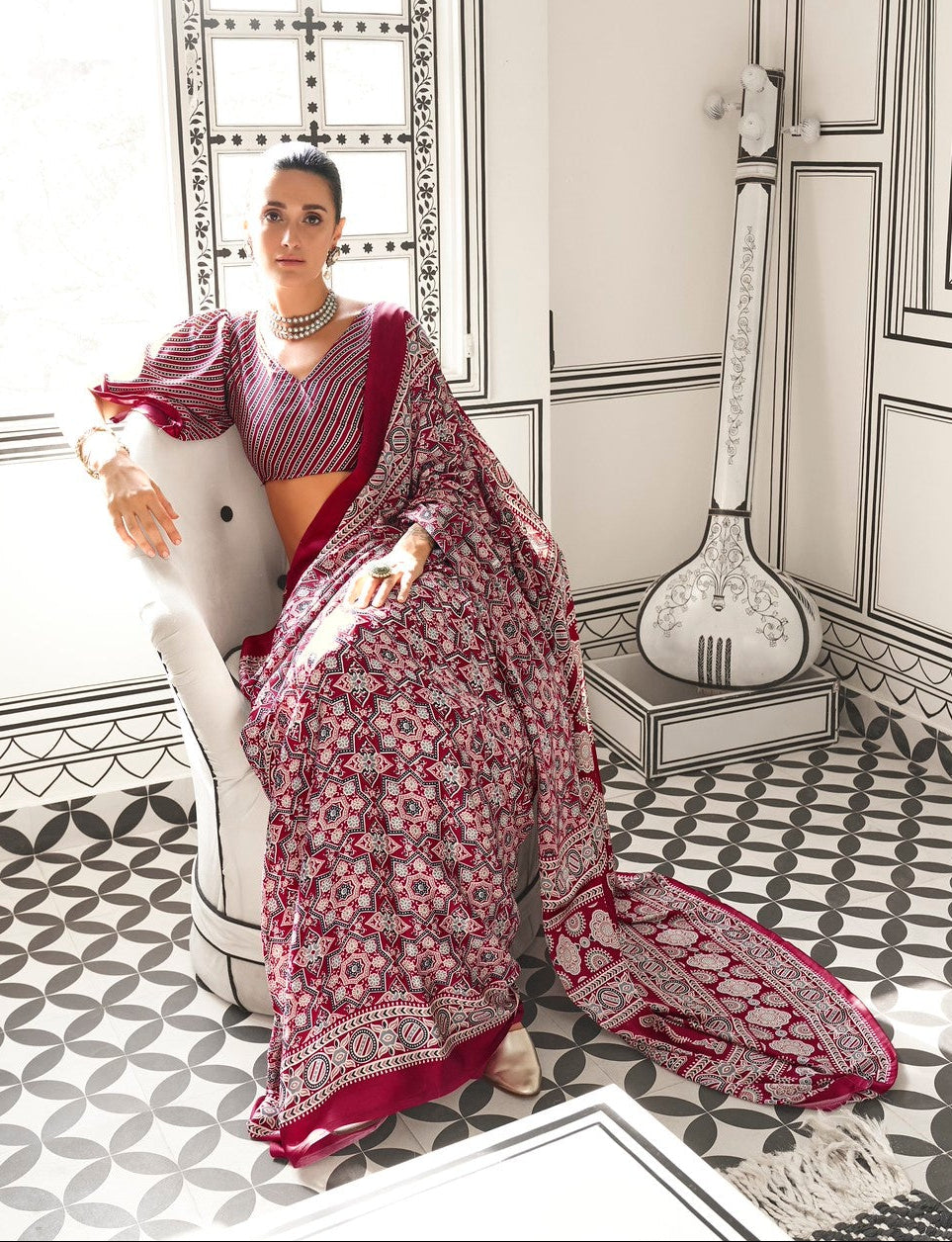 STORI Maroon Ajrakh Printed Satin Crepe Saree
