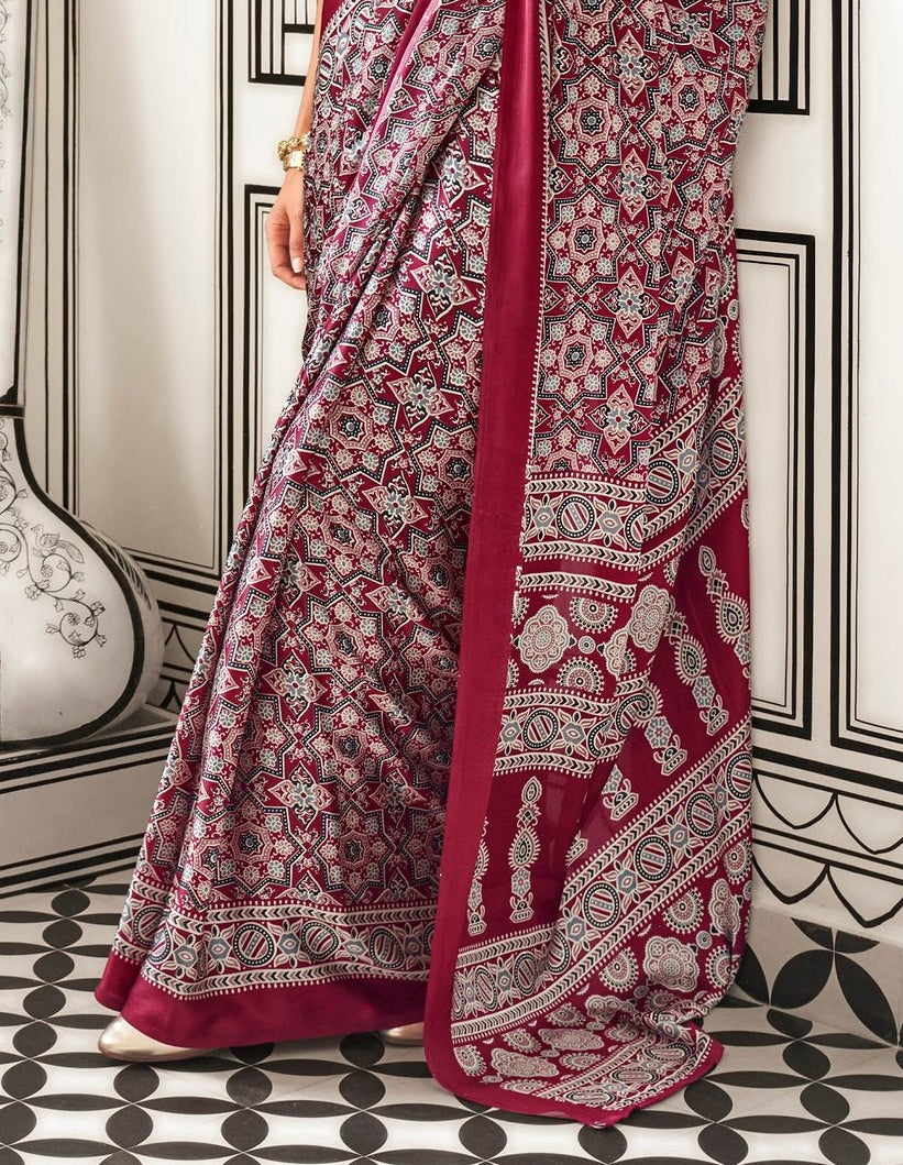 STORI Maroon Ajrakh Printed Satin Crepe Saree