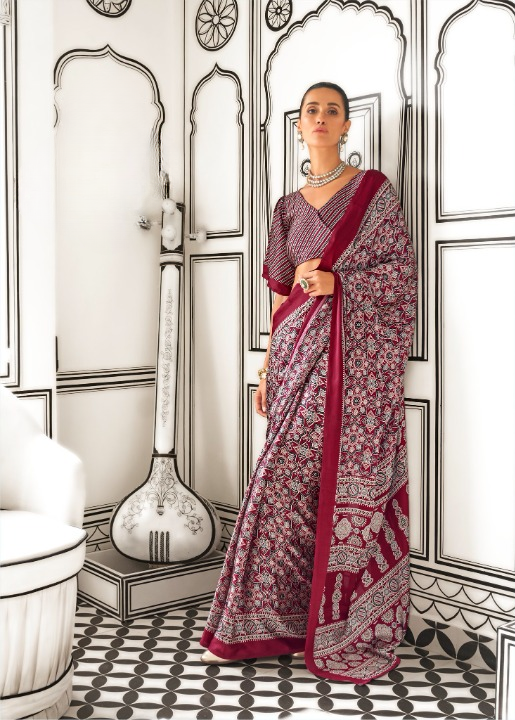 STORI Maroon Ajrakh Printed Satin Crepe Saree