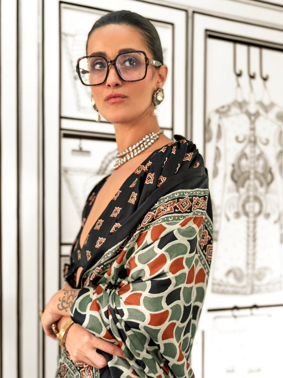 Tessellate Ajrakh Printed Satin Crepe Saree