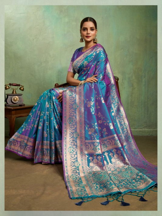 Greyish Blue Dual Shade Woven Silk Saree