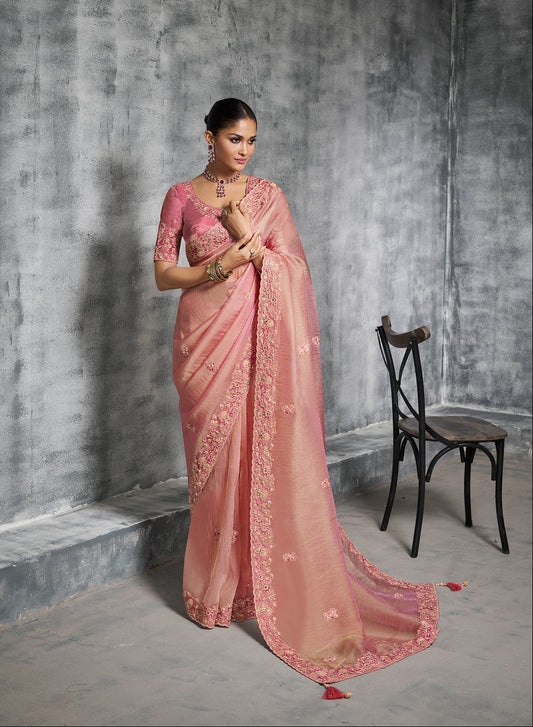 STORI Peach Pink Bridal Tissue Silk Saree
