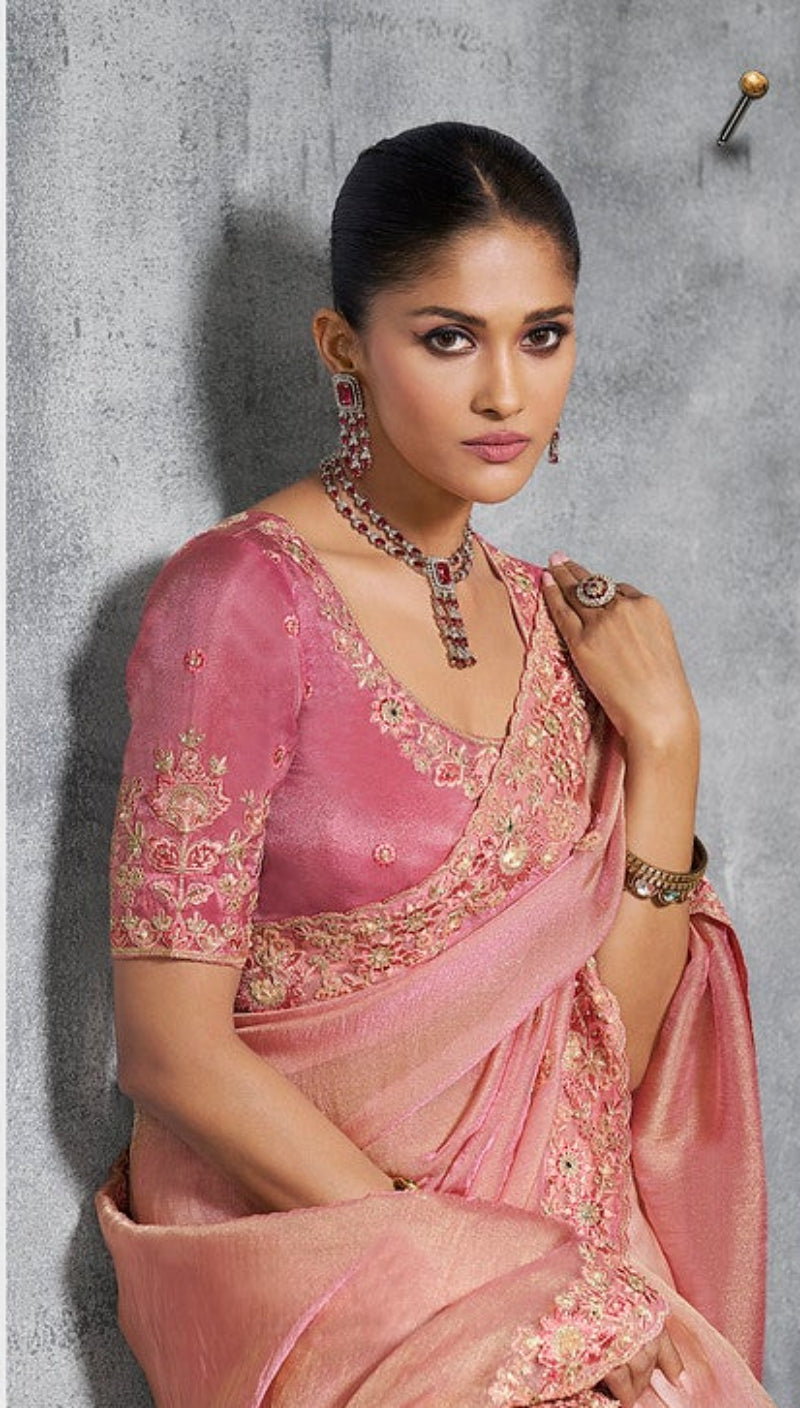 STORI Peach Pink Bridal Tissue Silk Saree