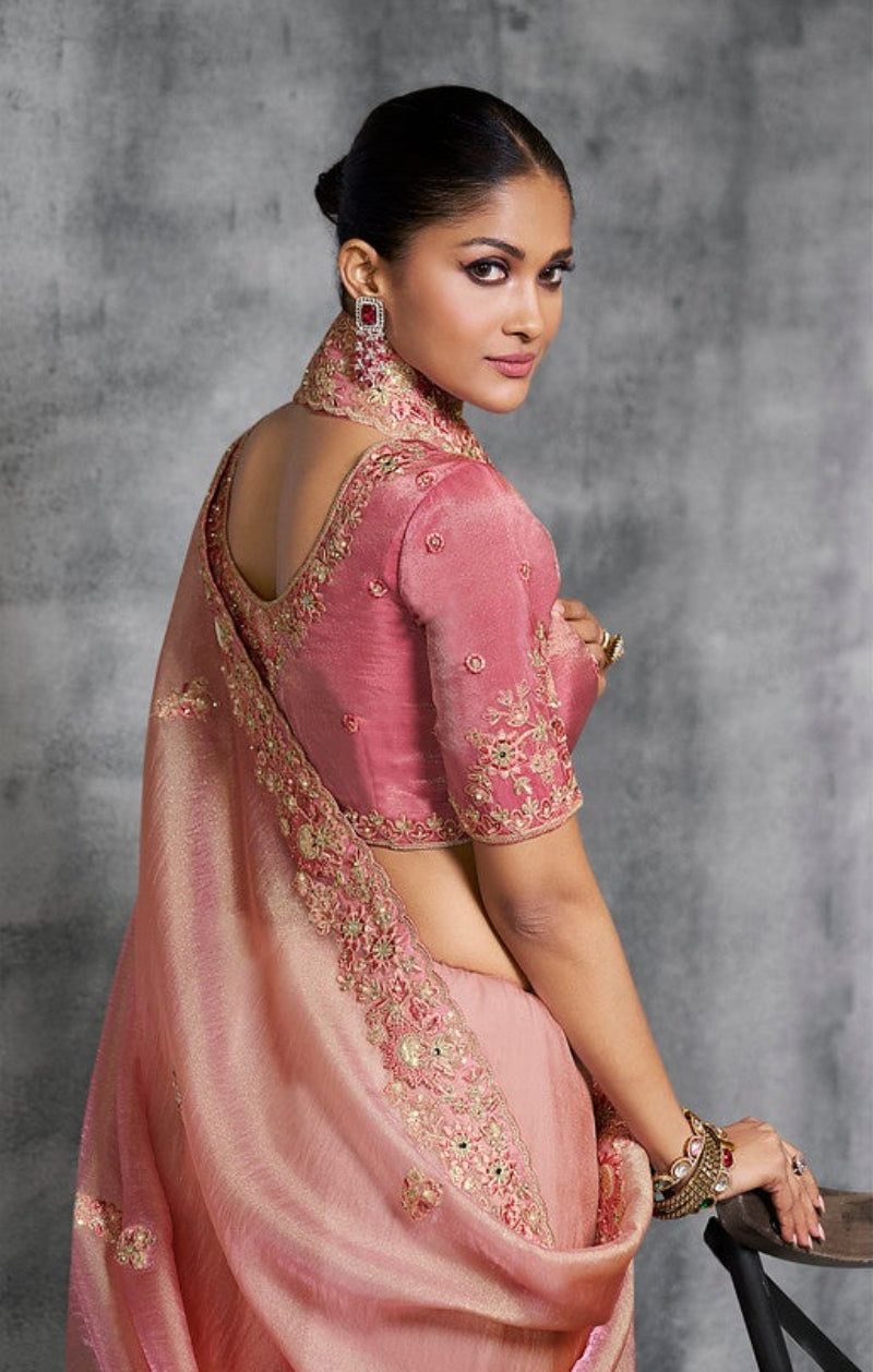 STORI Peach Pink Bridal Tissue Silk Saree