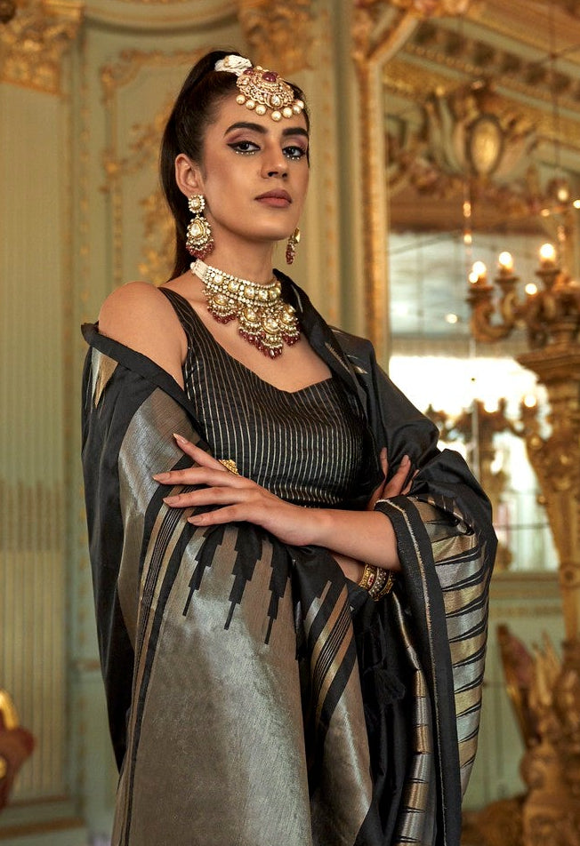 STORI Black Temple Border Soft Silk Saree