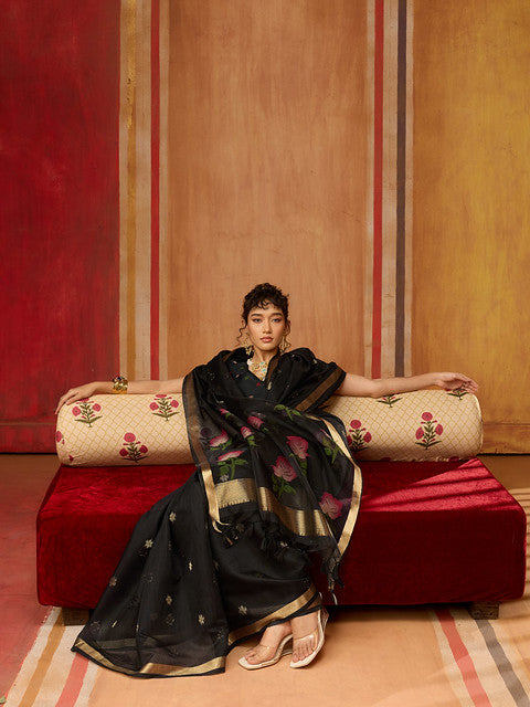 STORI Black Soft Mul Cotton Saree