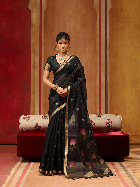 STORI Black Soft Mul Cotton Saree
