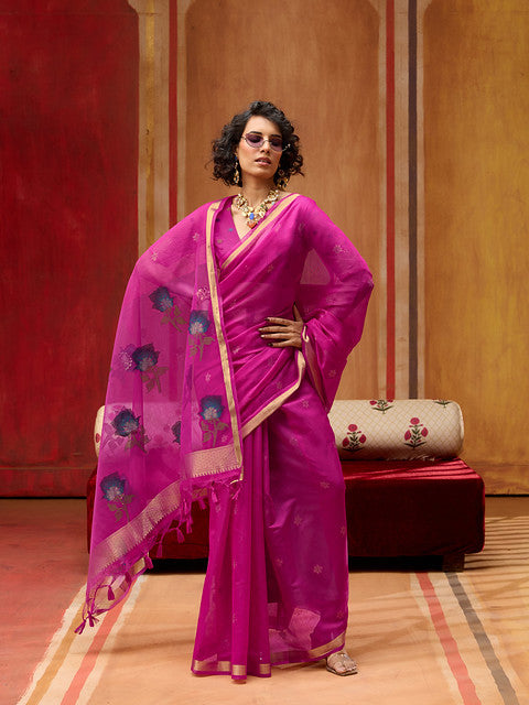 STORI Hot Pink Soft Mul Cotton Saree