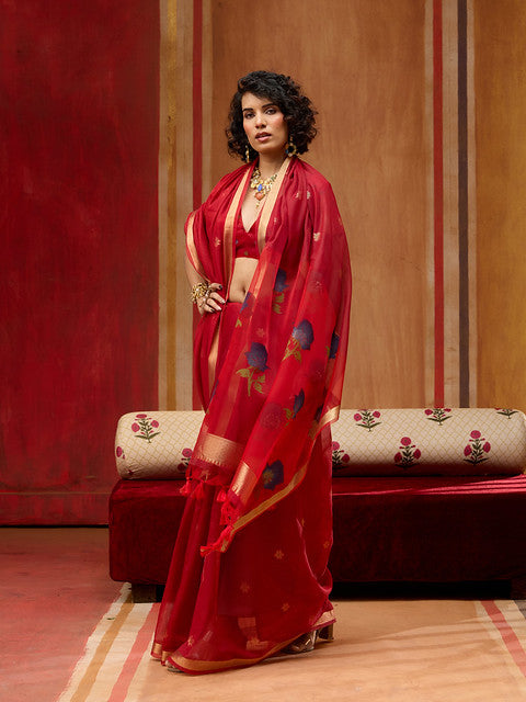 STORI Red Soft Mul Cotton Saree