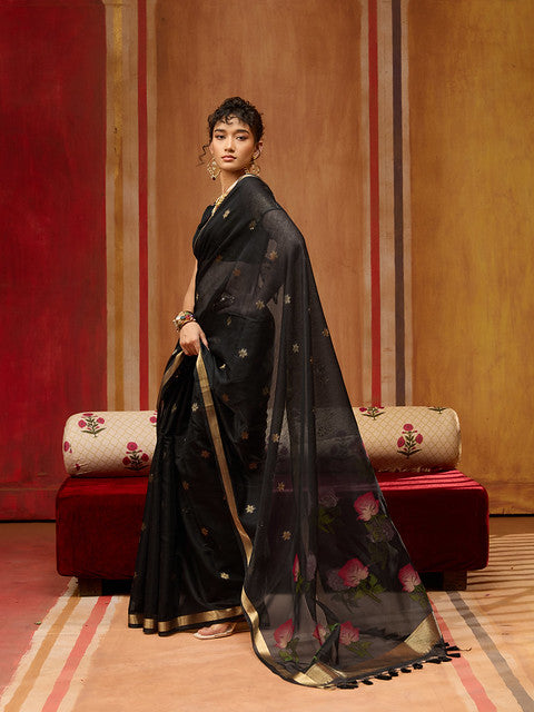 STORI Black Soft Mul Cotton Saree