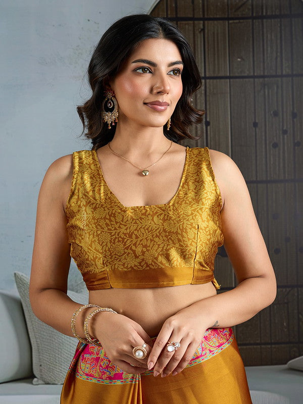 STORI Mustard Yellow Satin Crepe Saree