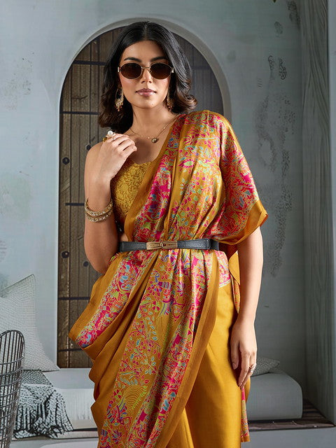 STORI Mustard Yellow Satin Crepe Saree