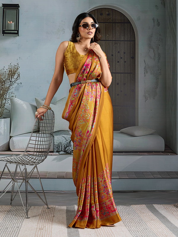 STORI Mustard Yellow Satin Crepe Saree