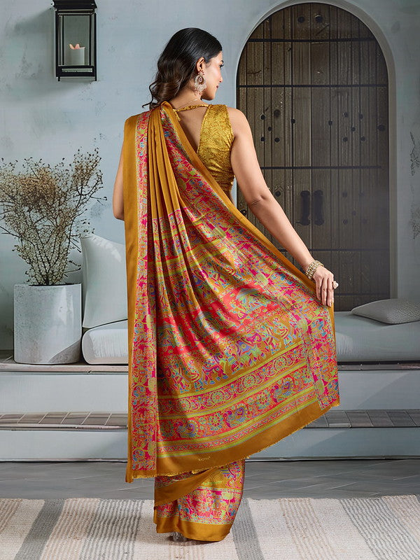 STORI Mustard Yellow Satin Crepe Saree