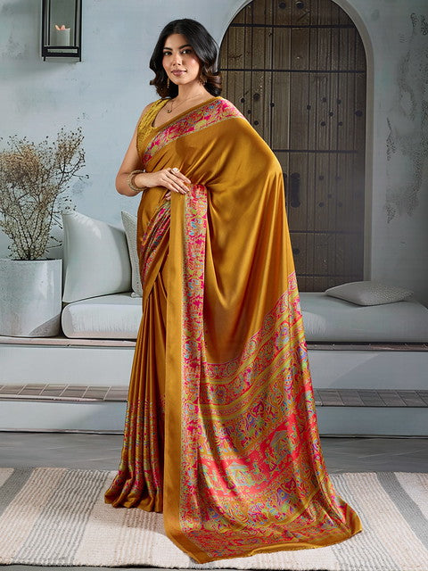STORI Mustard Yellow Satin Crepe Saree