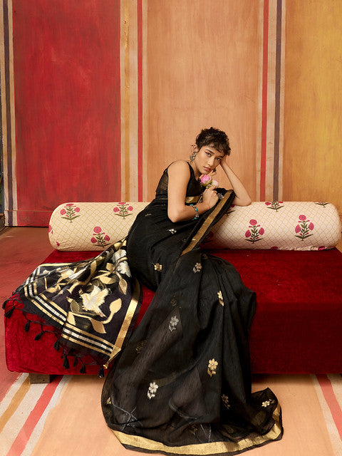 STORI Black Munga Silk Saree